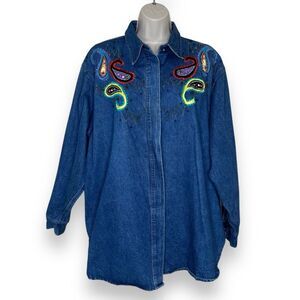 Vintage Cedars Woman Denim Embellished Paisley Long Sleeve Button Up Women Large